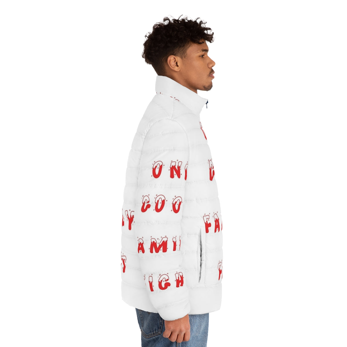 Schitt's Creek inspired puffer jacket with Christmas quotes and characters - men side right