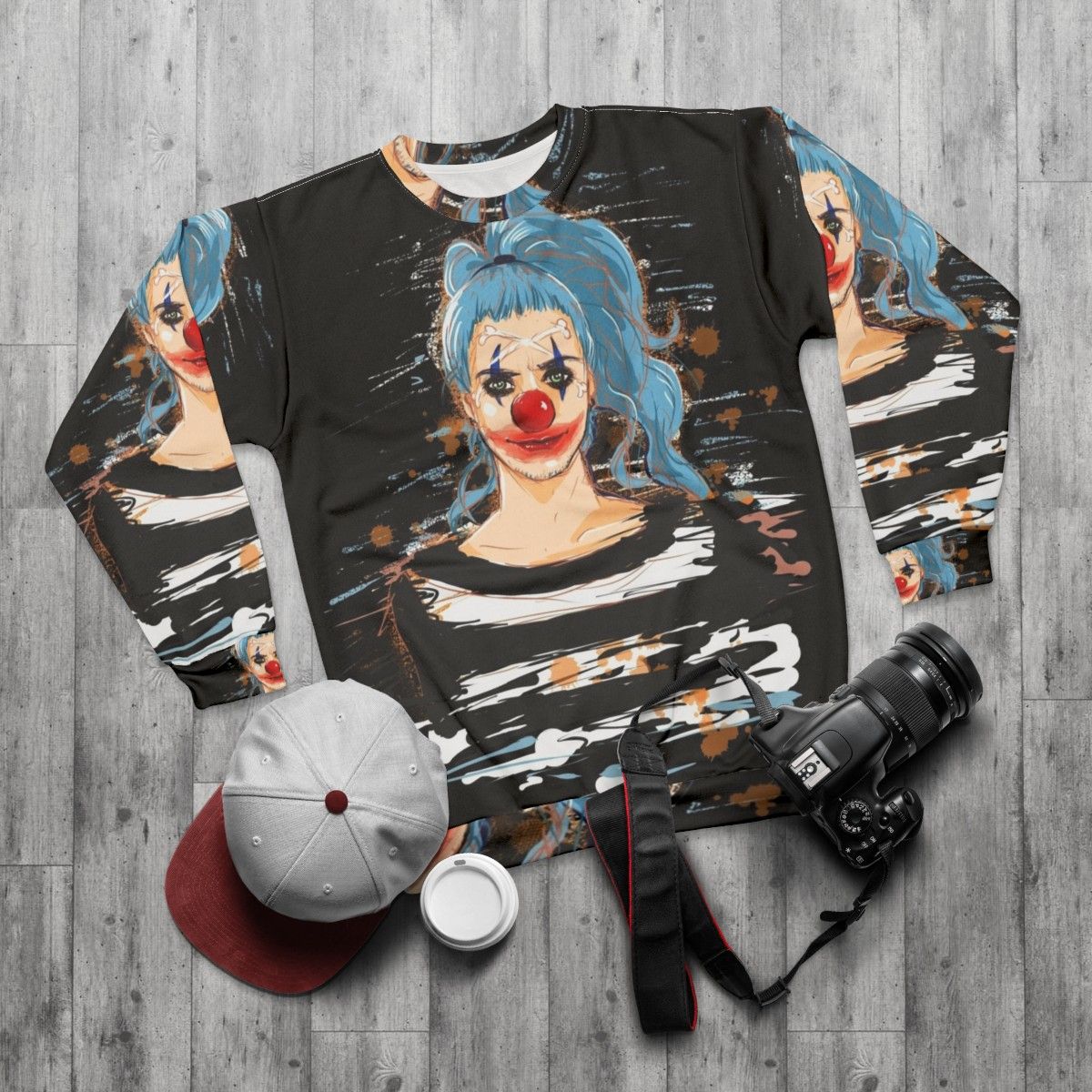 Impel Down Clown Sweatshirt featuring Buggy the Clown - flat lay