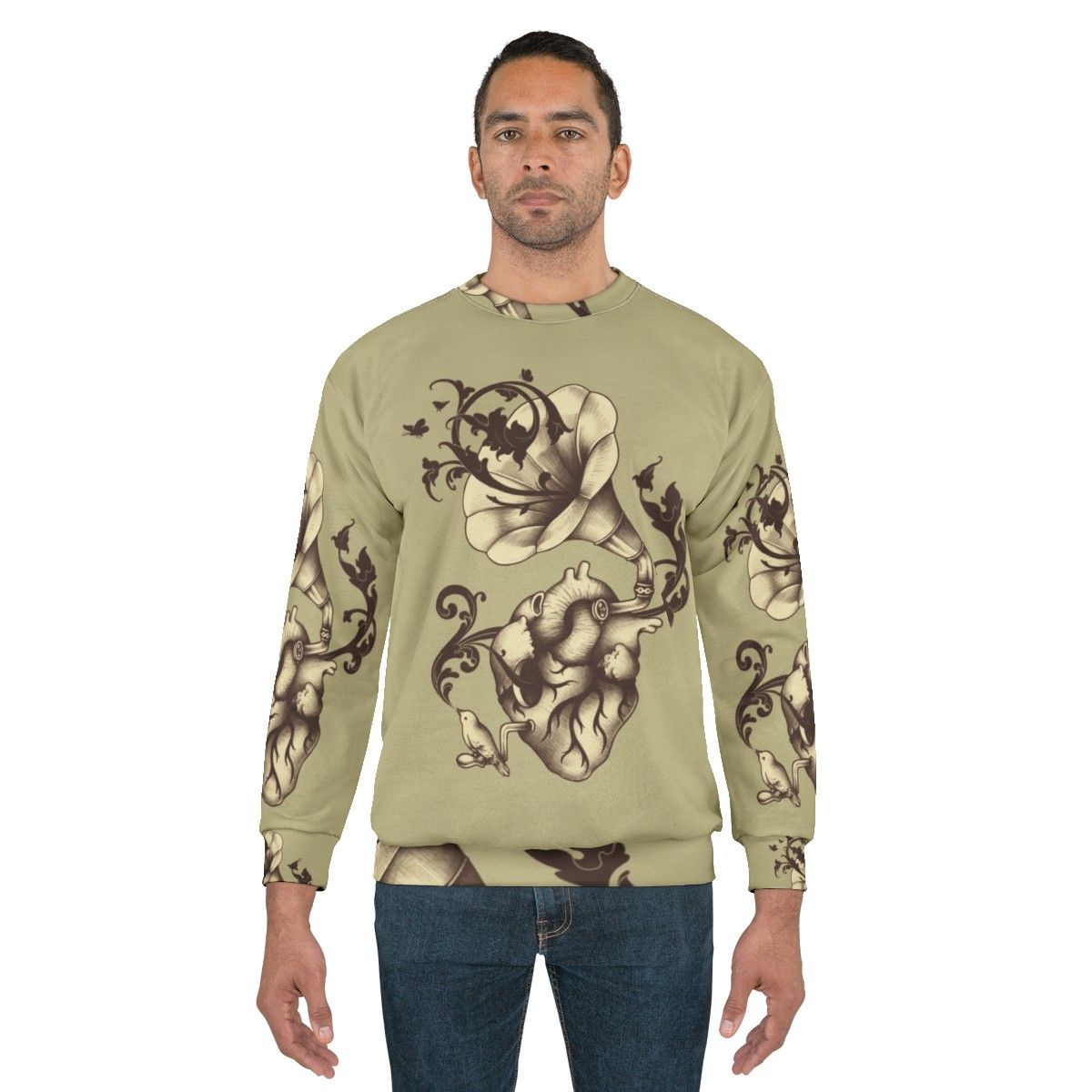 Surreal 'Listen to Your Heart' Sweatshirt featuring heart anatomy, gramophone, bird, and butterfly - men