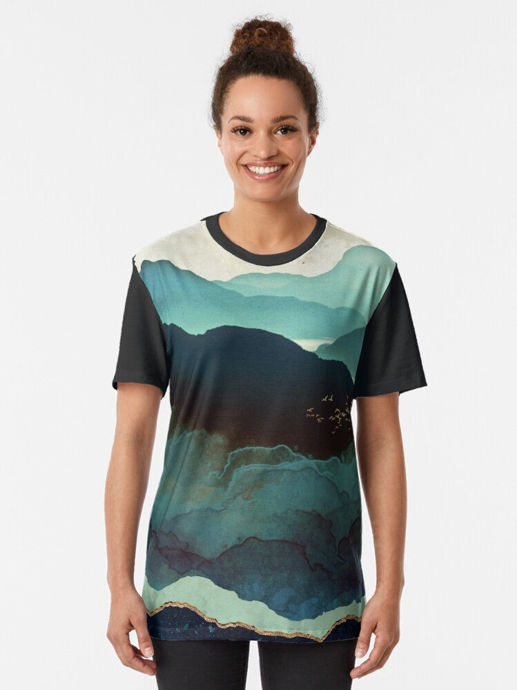 Indigo mountains and nature landscape graphic t-shirt design with abstract watercolor elements - Women