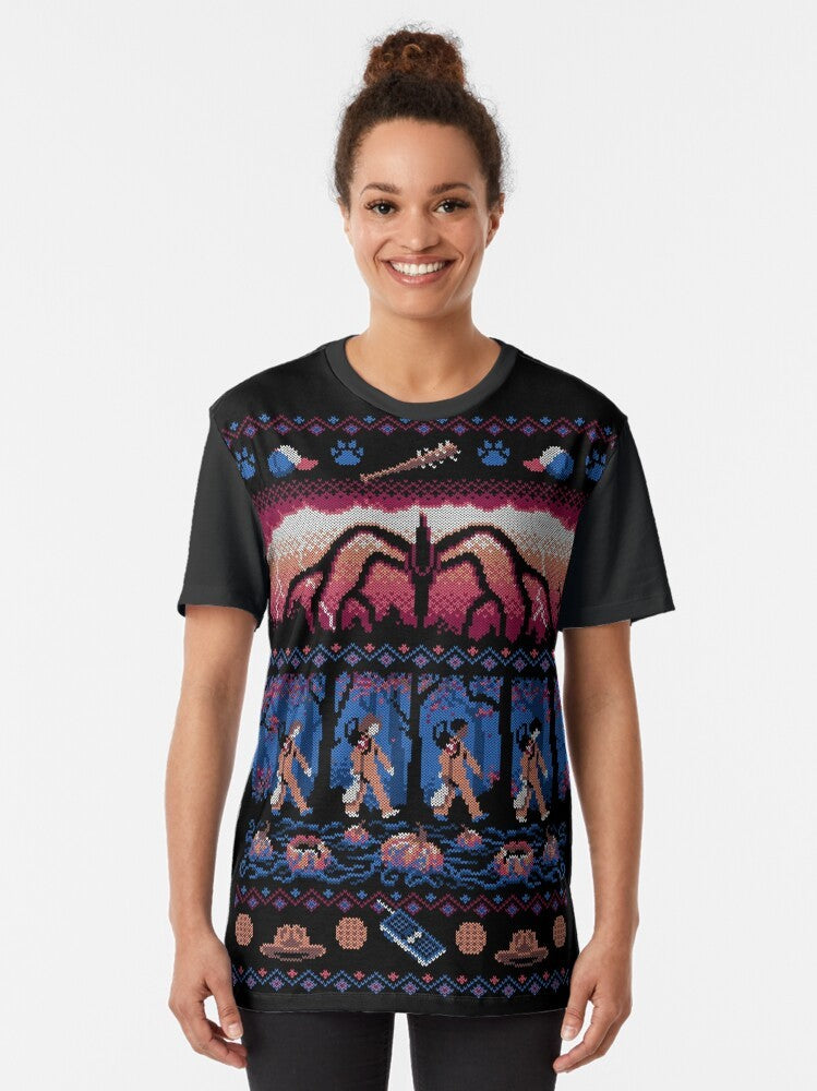 Stranger Things graphic t-shirt featuring a holiday sweater design with the Mind Flayer, Hawkins, and characters from the Netflix series. - Women