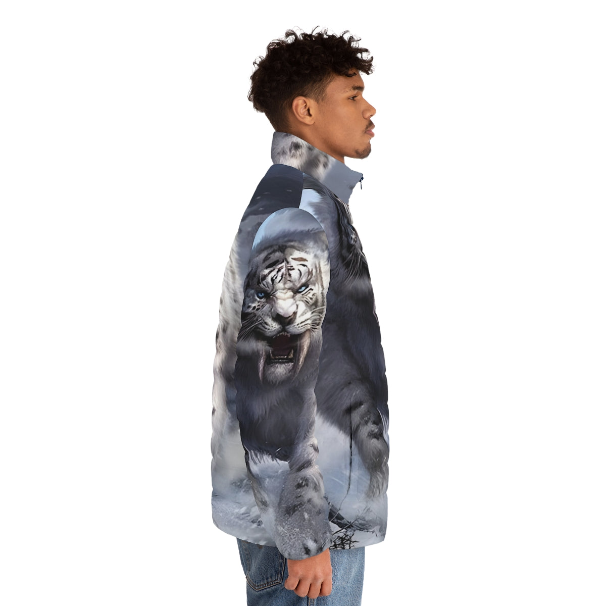 White sabertooth tiger puffer jacket with realistic animal print design - men side right