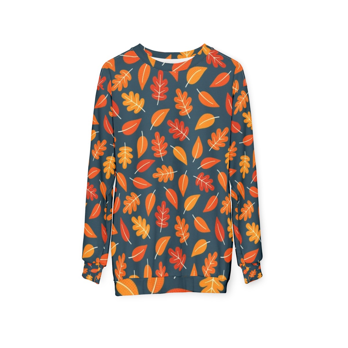 Retro autumn leaves on indigo blue sweatshirt - hanging