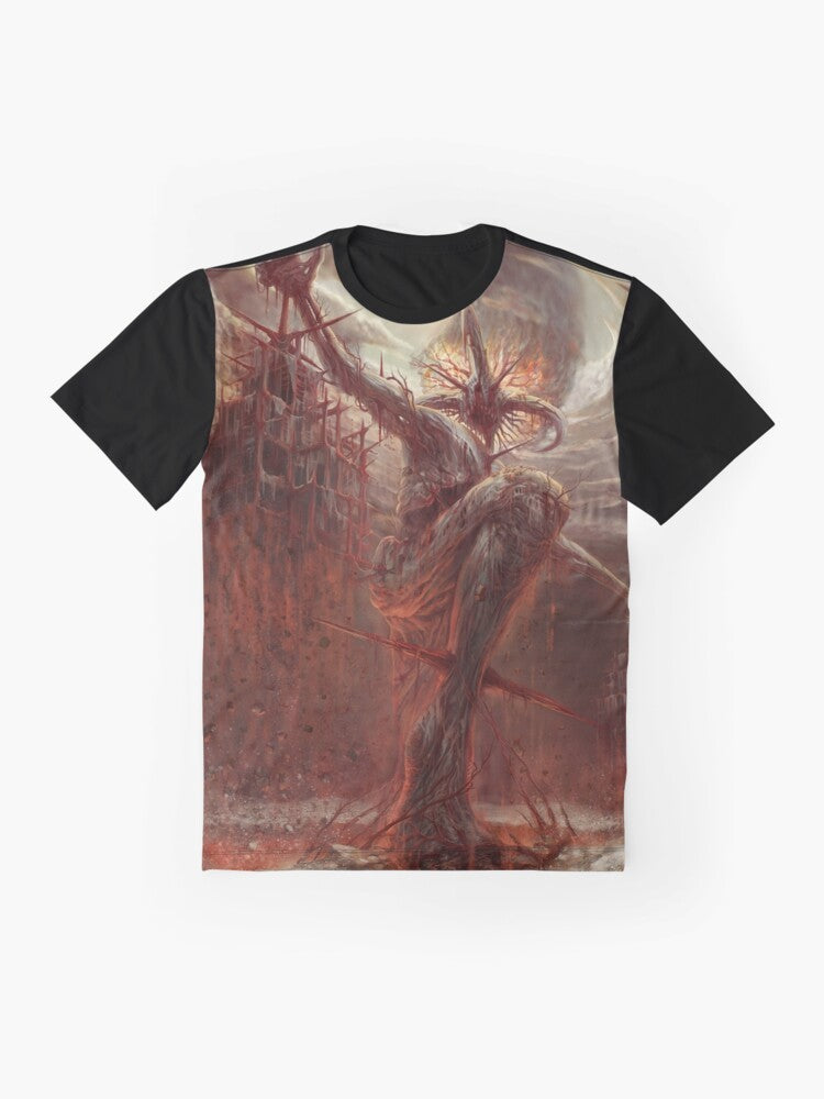 Powerful graphic t-shirt design featuring the God of Pain, with dark and gothic elements. - Flat lay