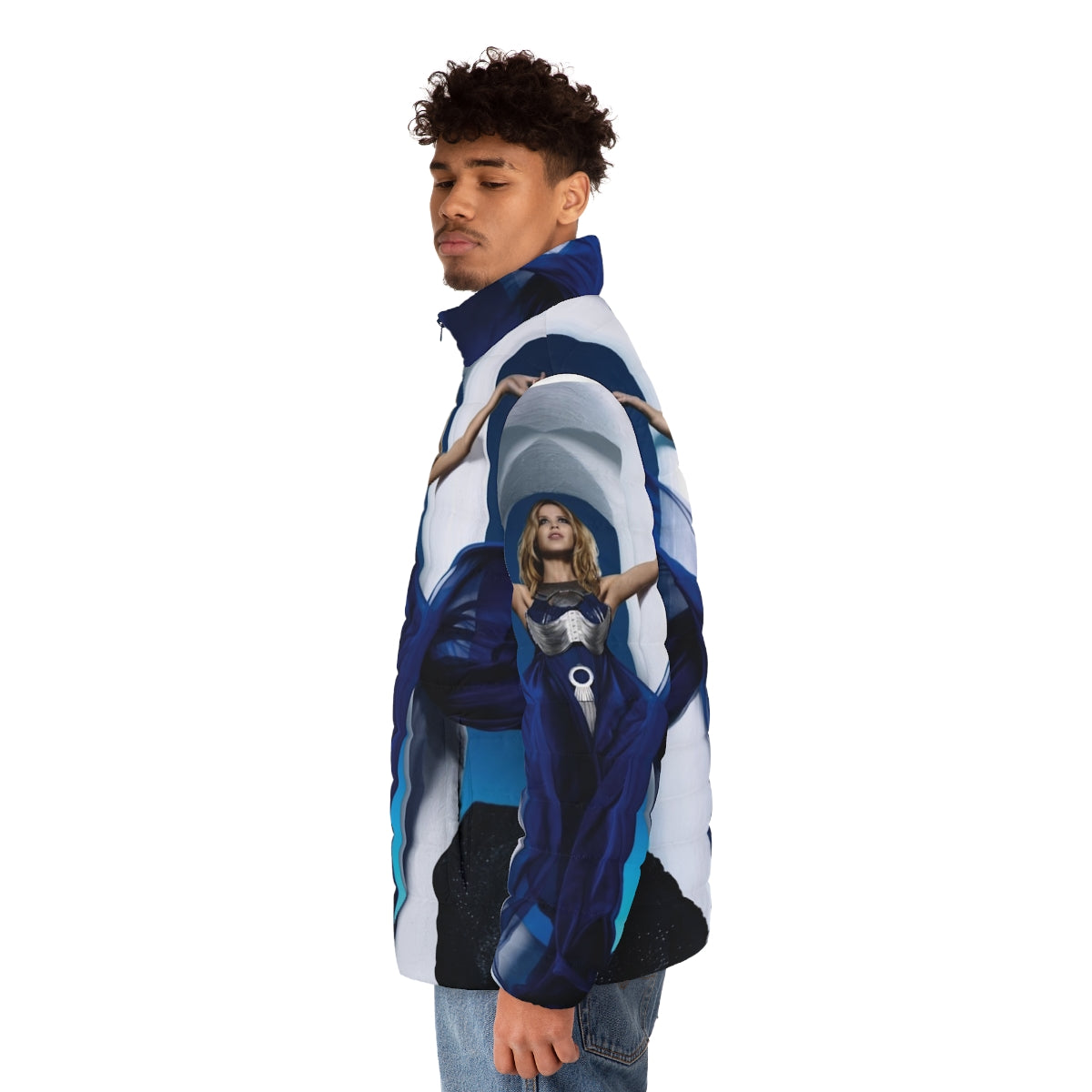 Aphrodite Puffer Jacket featuring a blue and white color scheme, inspired by the Greek goddess of love. - men side left