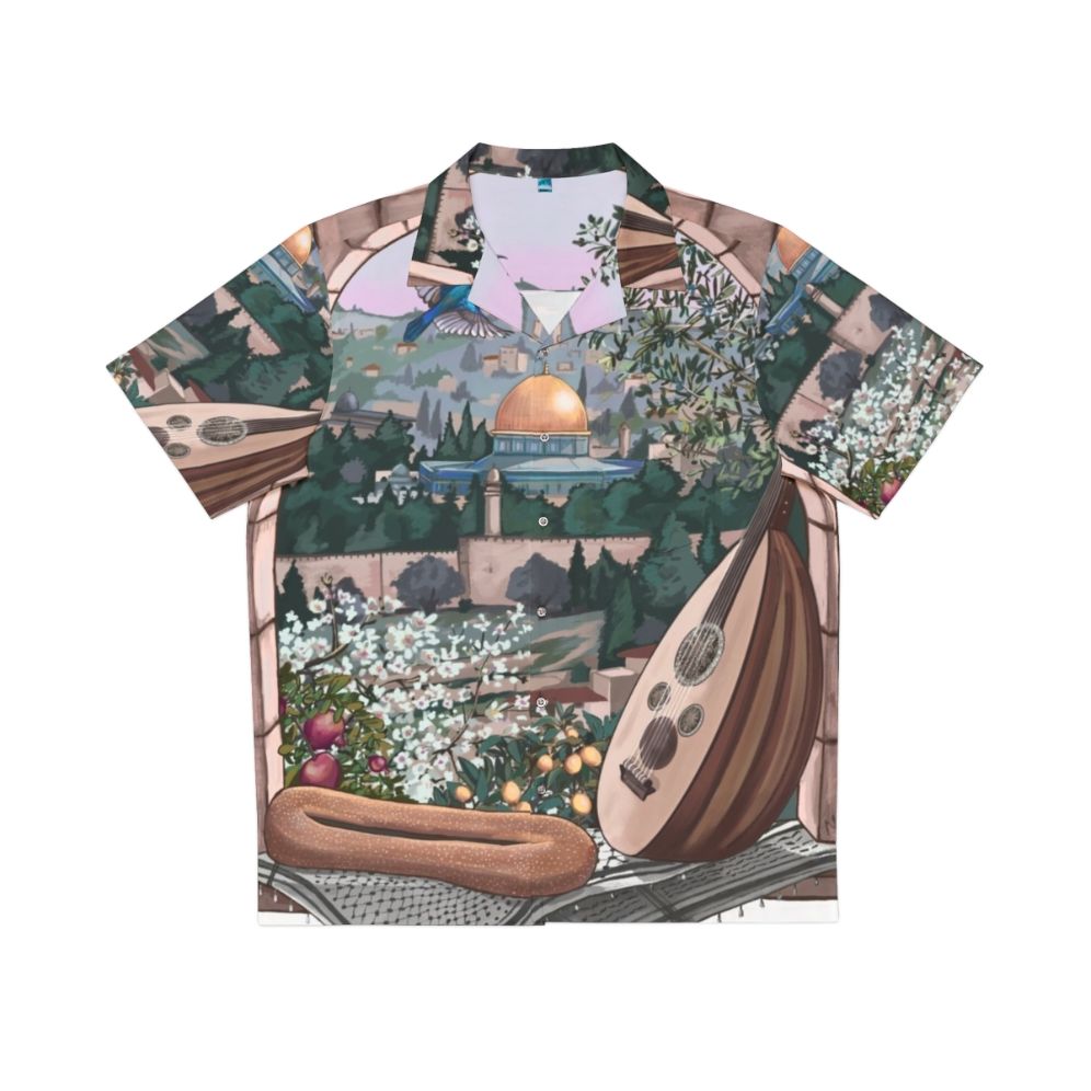 Authentic Arabic-Inspired Hawaiian Shirt with Palm Trees, Olive Trees, and Kuffiyah Pattern