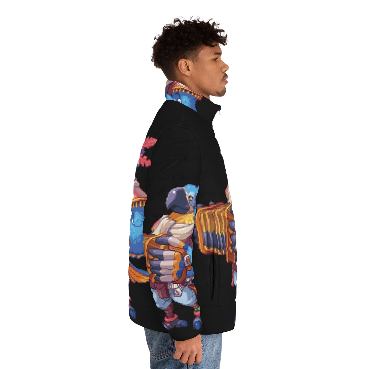 Pixel Kass puffer jacket featuring a blue bird design inspired by the popular video game character - men side right