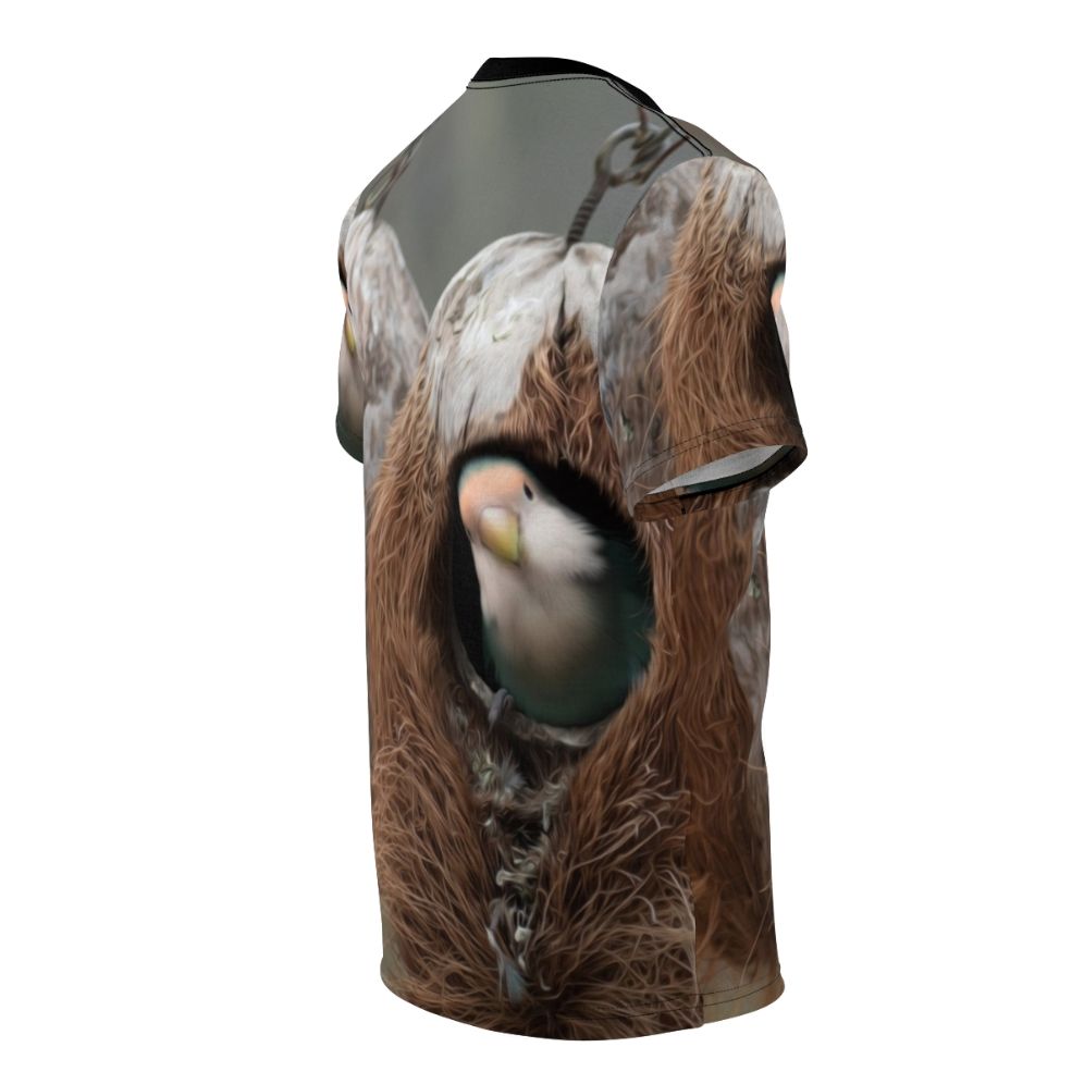 T-shirt featuring a vibrant design of birds, nests, and feathers in a natural landscape. - men right