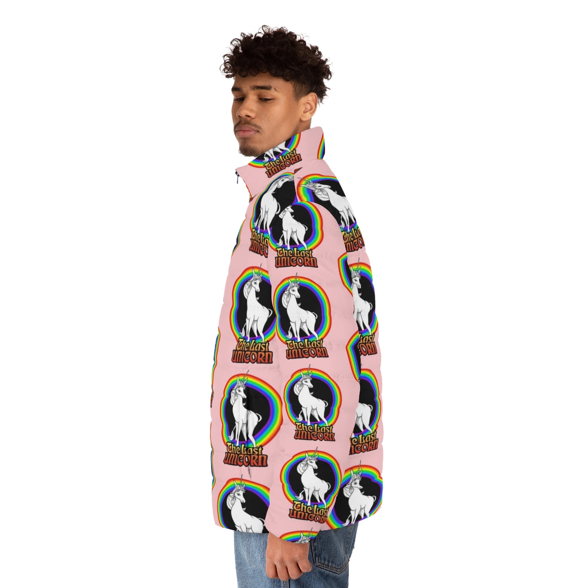 The Last Unicorn Rainbow Puffer Jacket featuring a magical mythical unicorn - men side left