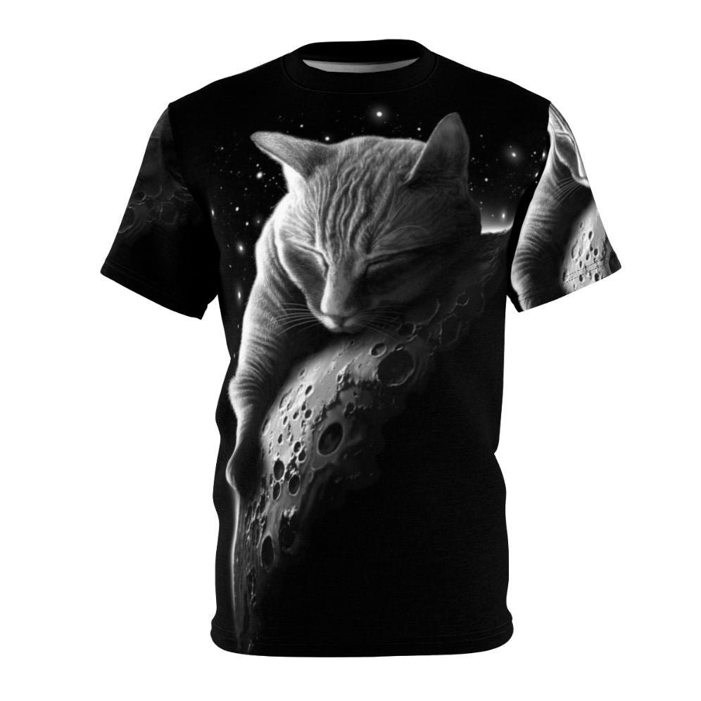 Mooncat AOP T-Shirt featuring a stylized cat astronaut in a space scene