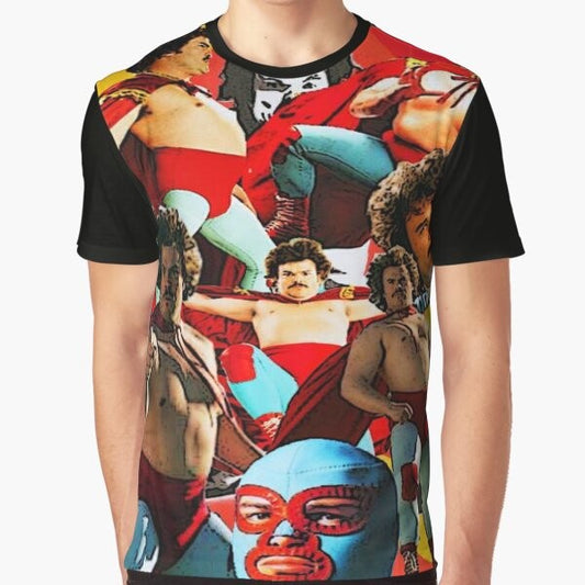 Man wearing a t-shirt with a graphic design of a luchador, inspired by the movie Nacho Libre starring Jack Black.