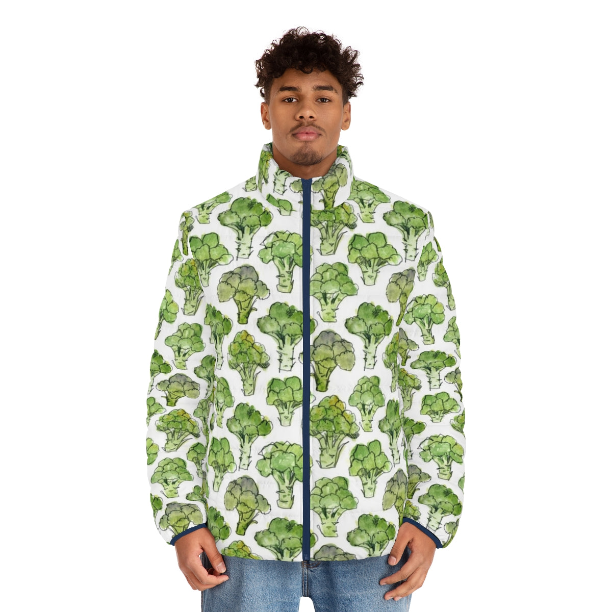 Watercolor broccoli pattern puffer jacket with floral and vegetable design - men front