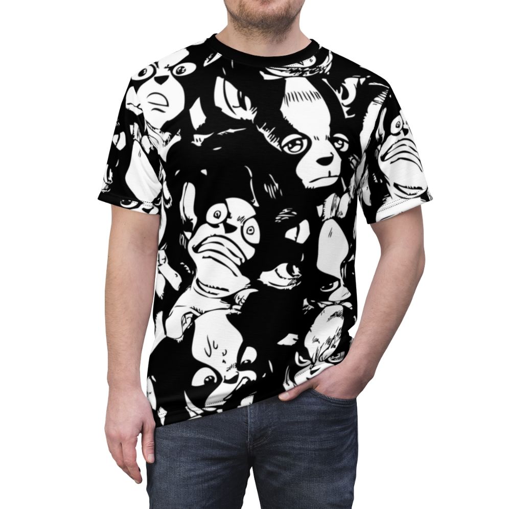 Anime-inspired t-shirt featuring the character Iggy from the popular anime series JoJo's Bizarre Adventure. - men front