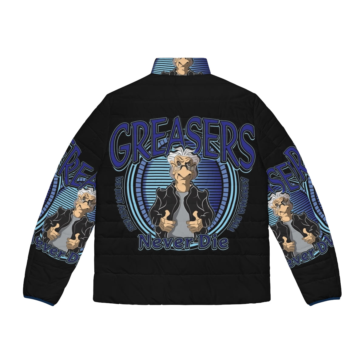 Grease-inspired puffer jacket with humorous 'Greasers Never Die' design - Back