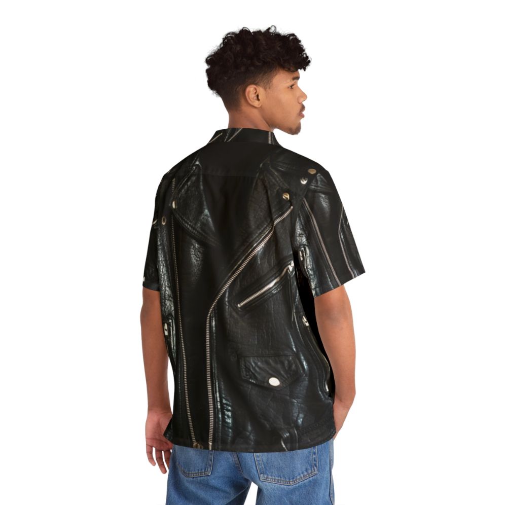 Black leather jacket with a tropical Hawaiian shirt pattern - People Back