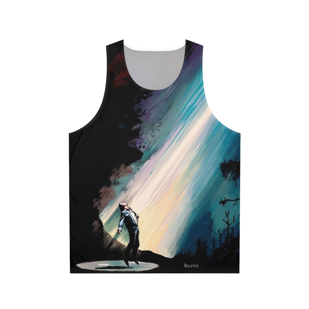 Vibrant sci-fi illustration of a fire in the sky with UFOs on a unisex tank top