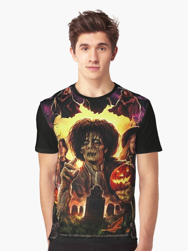 Graphic t-shirt design featuring the Sanderson Sisters from the classic Halloween movie Hocus Pocus, with a vintage, retro style. - Men