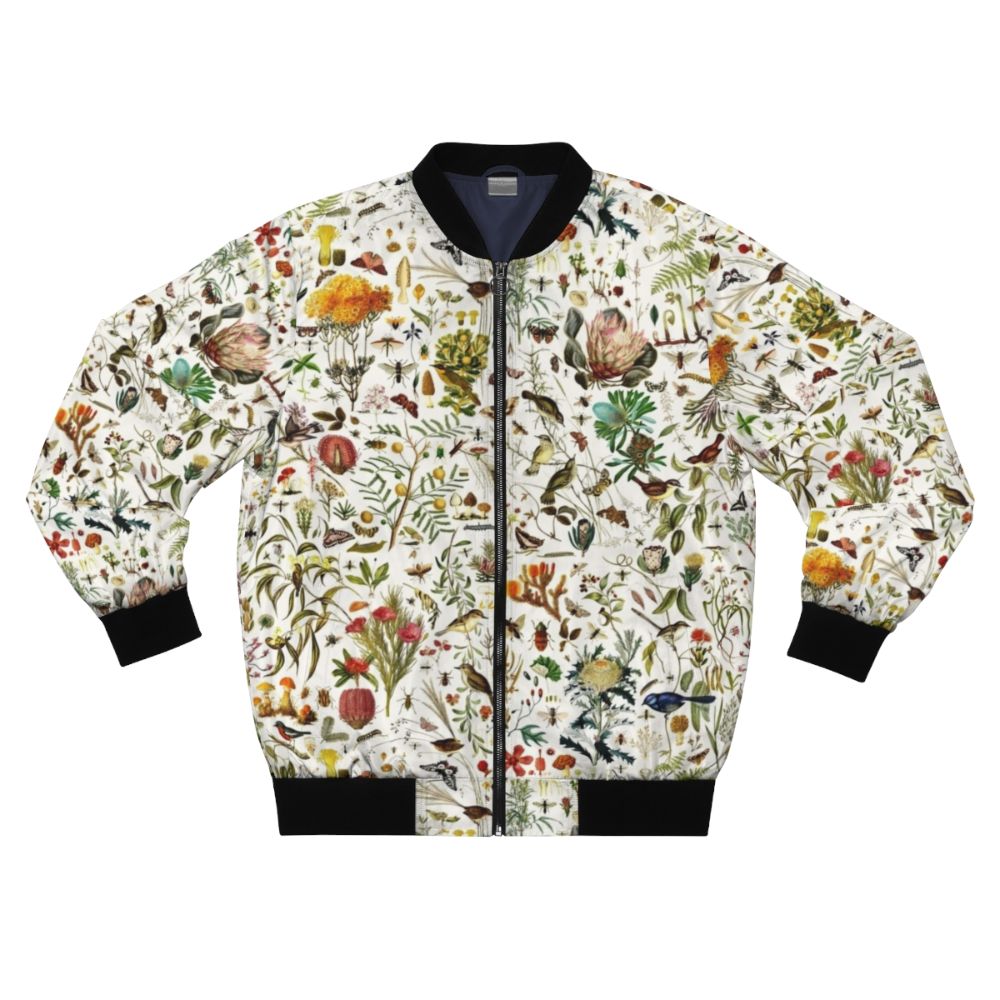 Vibrant Australian nature-inspired bomber jacket featuring colorful butterflies, birds, plants, and more.