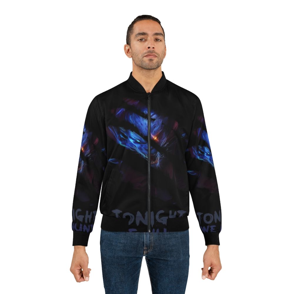 Rengar Bomber Jacket featuring a graphic design of Rengar, the League of Legends champion, with the text "Tonight We Hunt" - Lifestyle