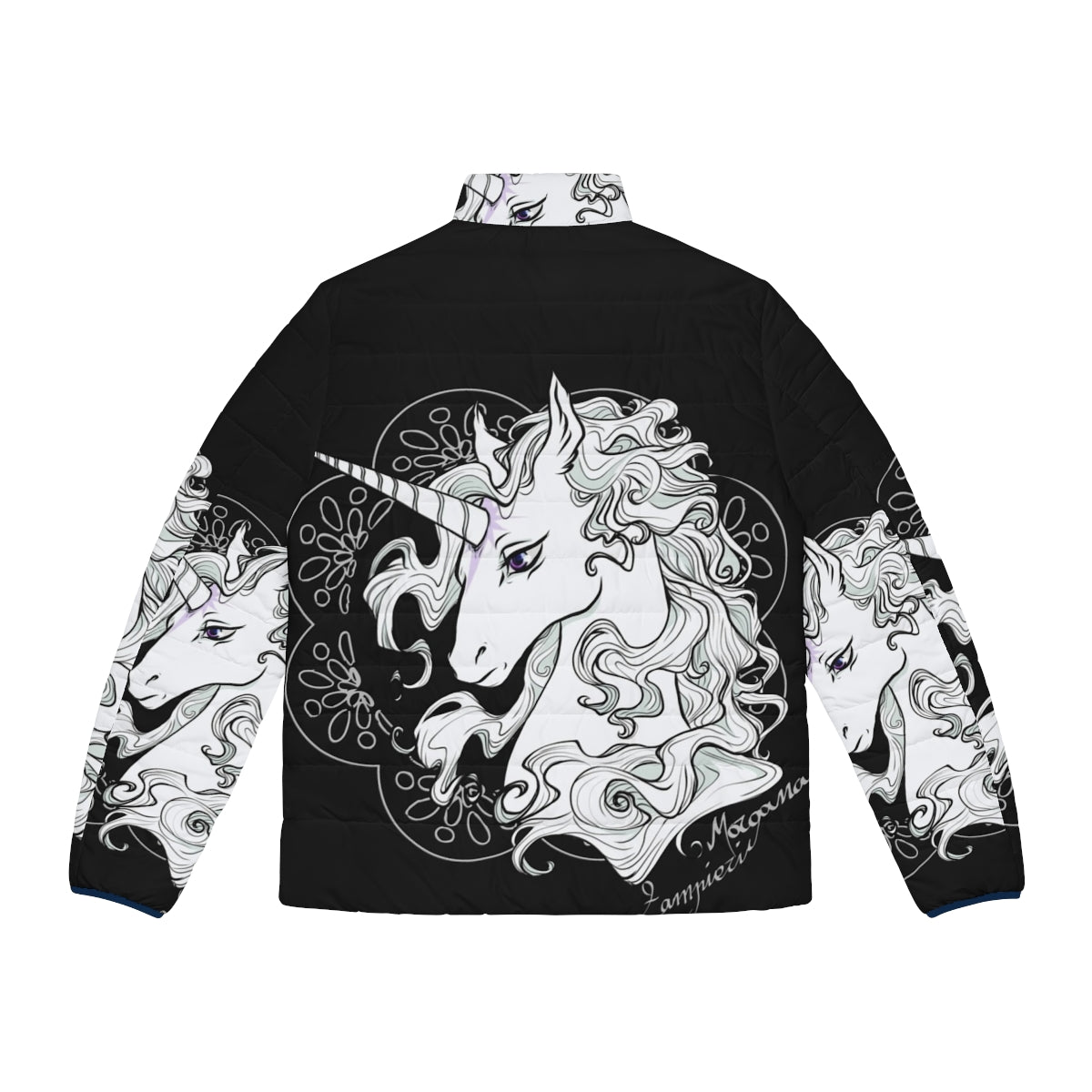 The Last Unicorn Black Puffer Jacket featuring a majestic unicorn design - Back