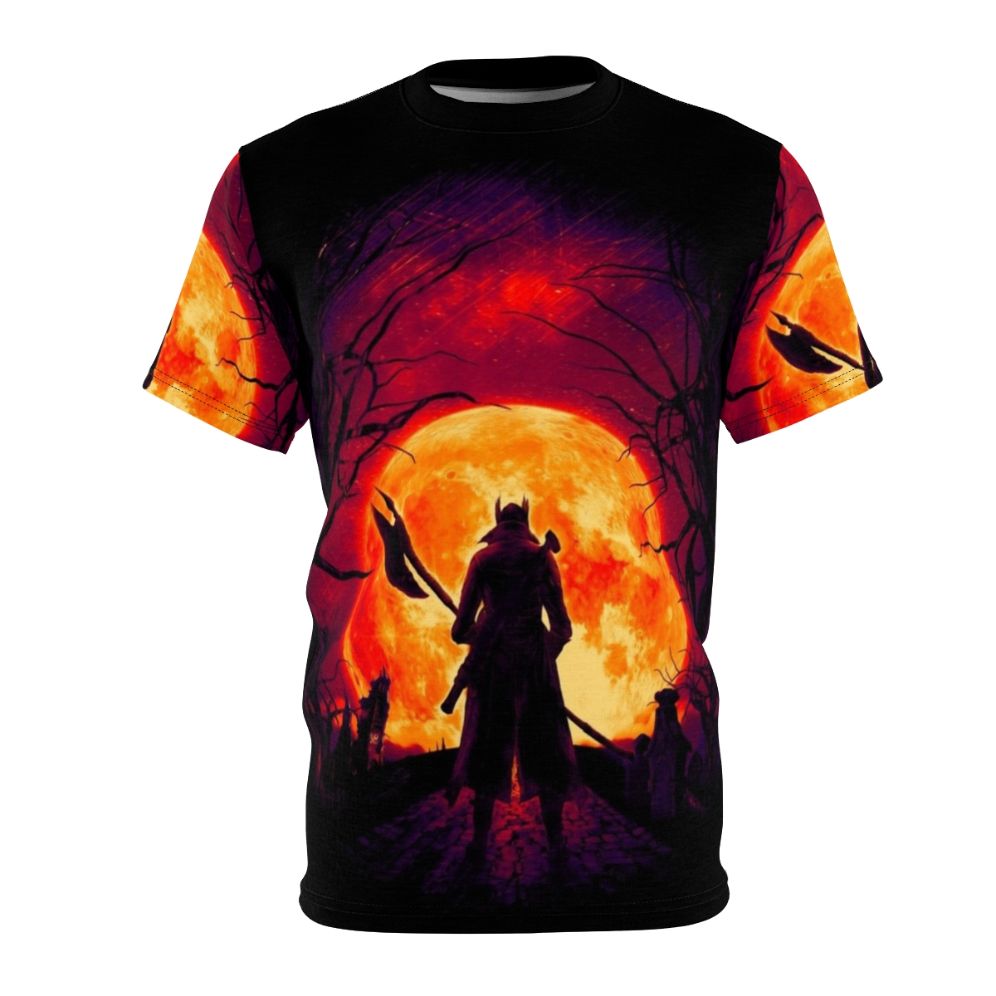 Eerie t-shirt design featuring a blood moon and night hunter from the Bloodborne video game