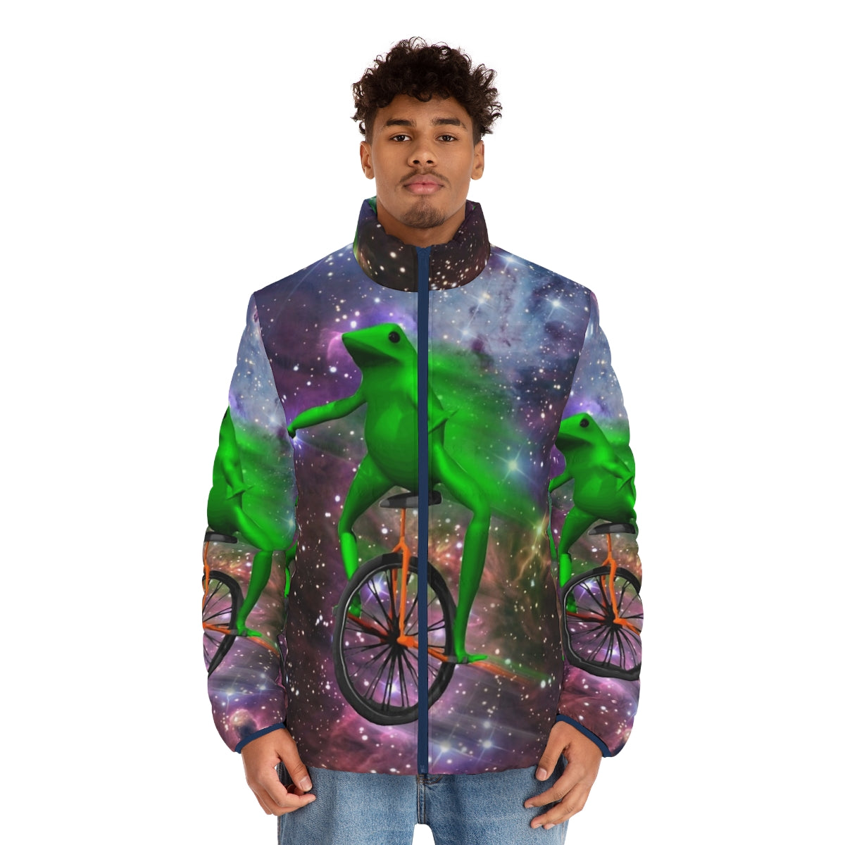 Dat Boi meme puffer jacket with astronaut and outer space design - men front