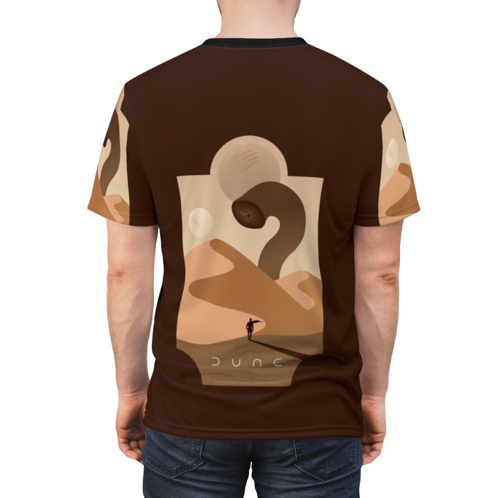 Artistic T-shirt design featuring a detailed Dune sandworm against a desert backdrop. - men back