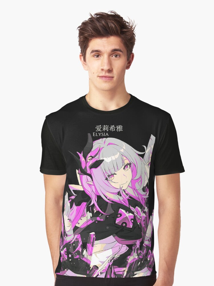 Honkai Impact Elysia fantasy graphic t-shirt with crystal and hieroglyph design - Men