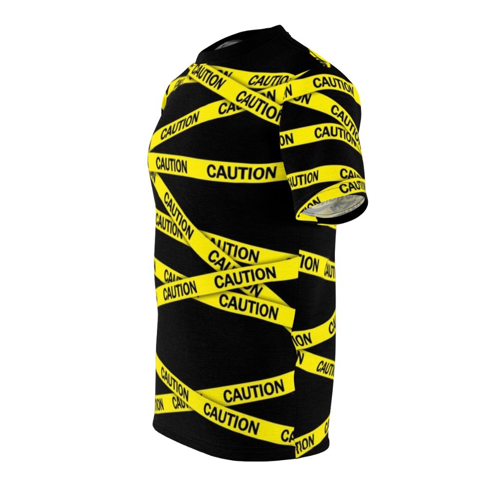 Bright yellow t-shirt with caution tape inspired design, warning and attention graphic - men left