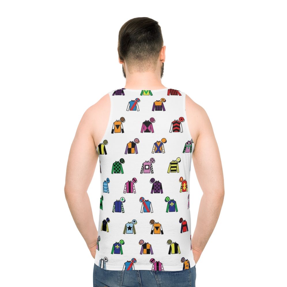 Unisex tank top featuring vibrant jockey silks design - men back