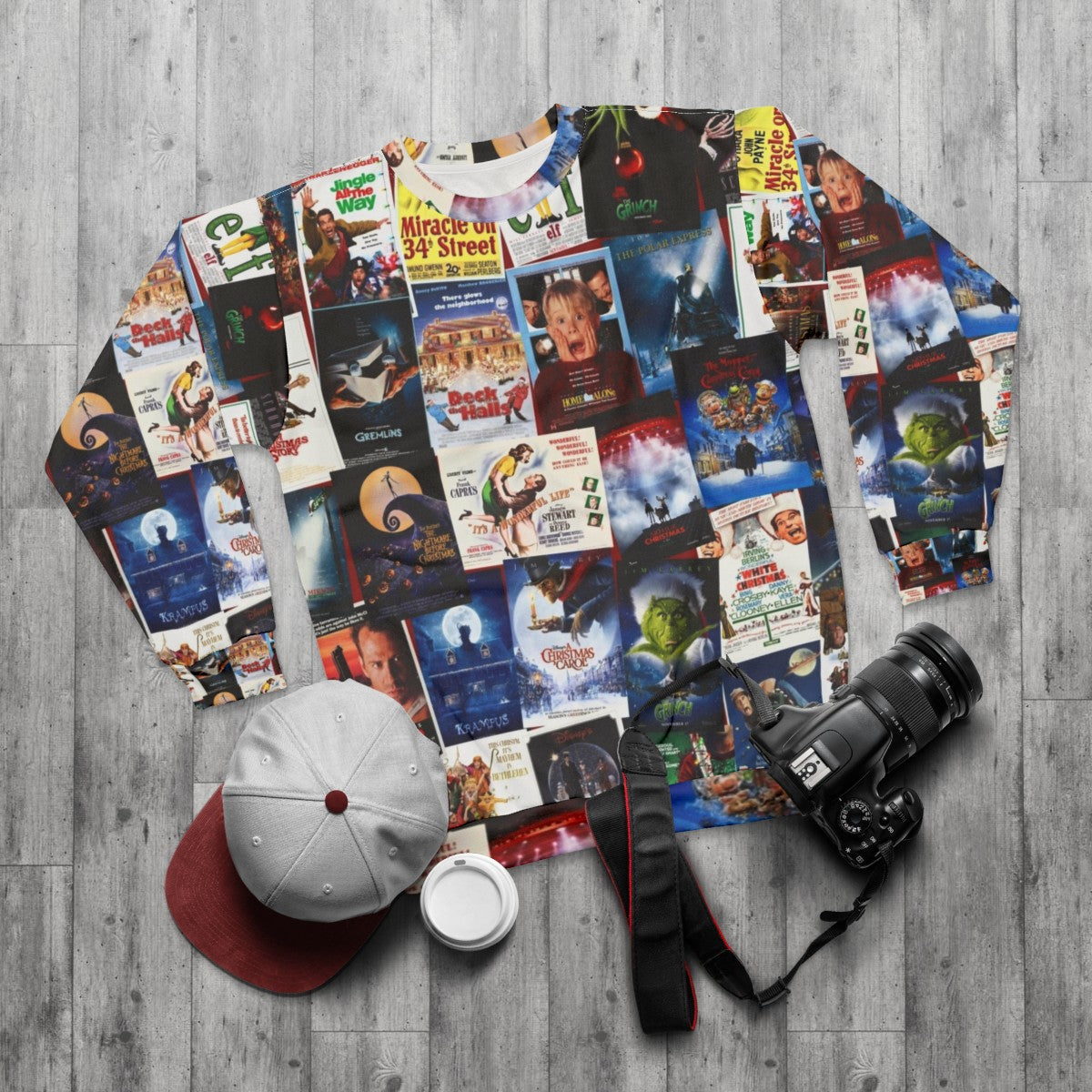 Movie Collage Christmas Sweatshirt - flat lay