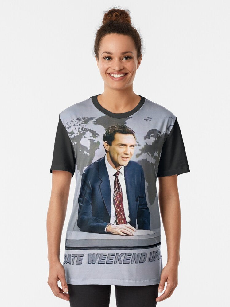 Norm Macdonald wearing a suit and tie while seated at a news desk, graphic t-shirt design - Women