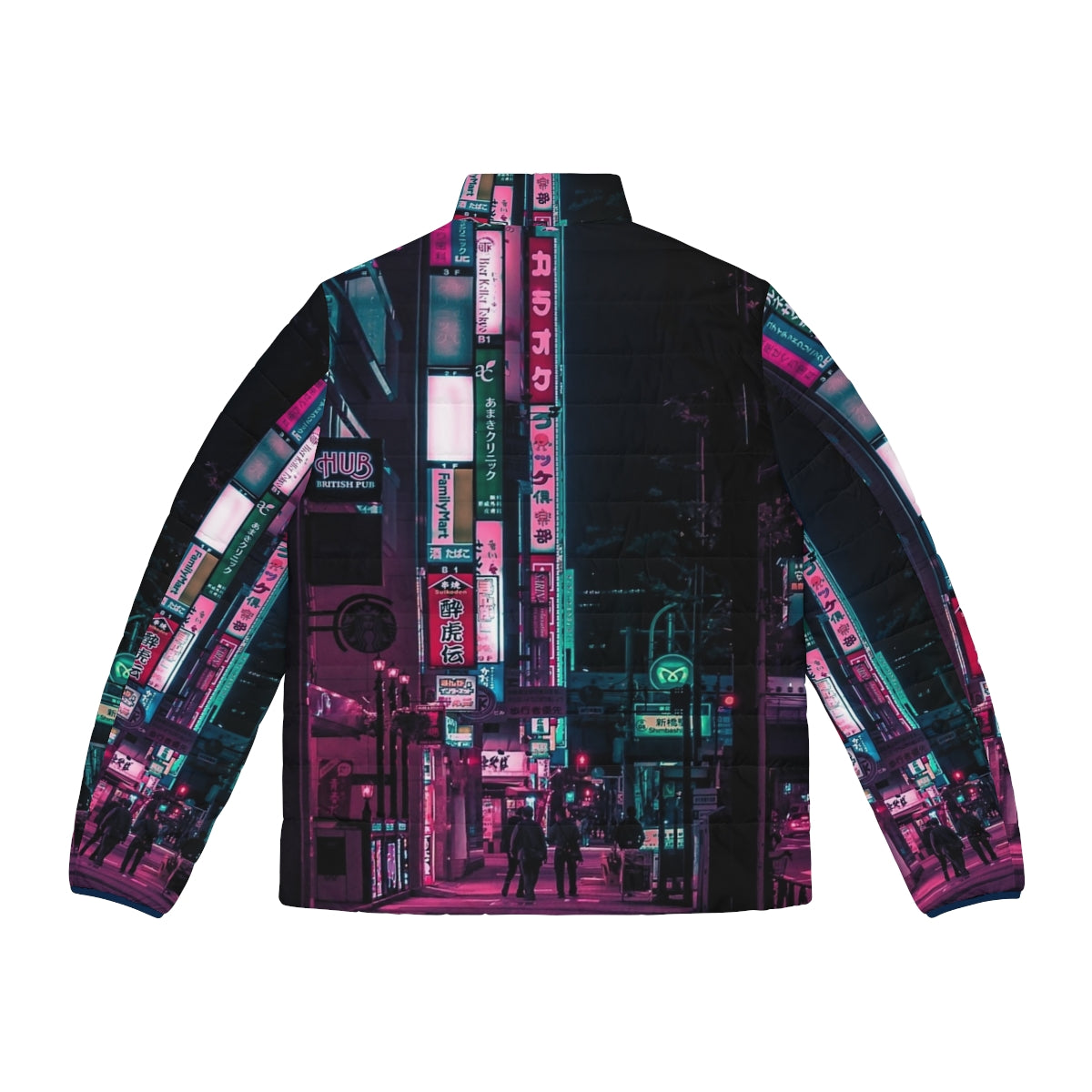 A vibrant puffer jacket with futuristic, cyberpunk-inspired design. - Back