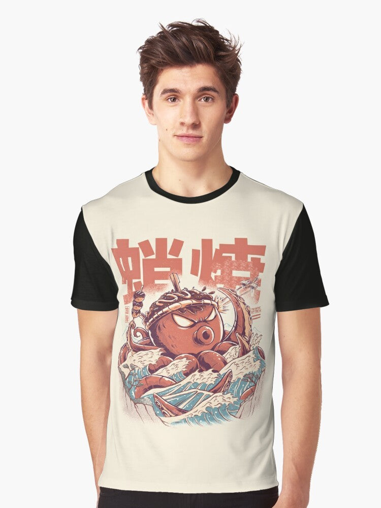 Takoyaki Graphic T-Shirt featuring a retro, vintage-inspired design with a kaiju-like creature and Japanese kanji - Men