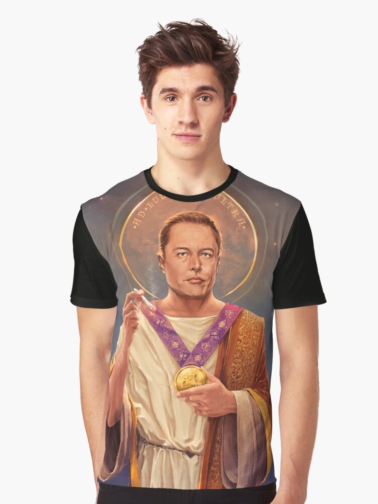 Elon Musk space exploration graphic t-shirt featuring a pop art style religious-inspired painting of Elon Musk. - Men