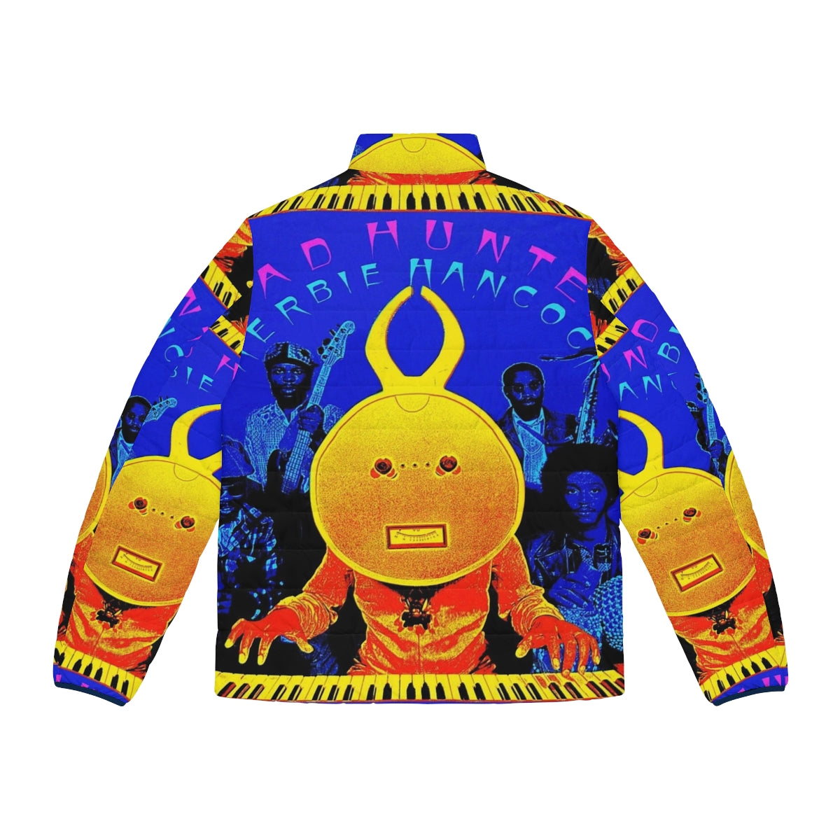 Puffer jacket inspired by the iconic Head Hunters album cover, featuring a vintage funk, soul, and jazz music design - Back