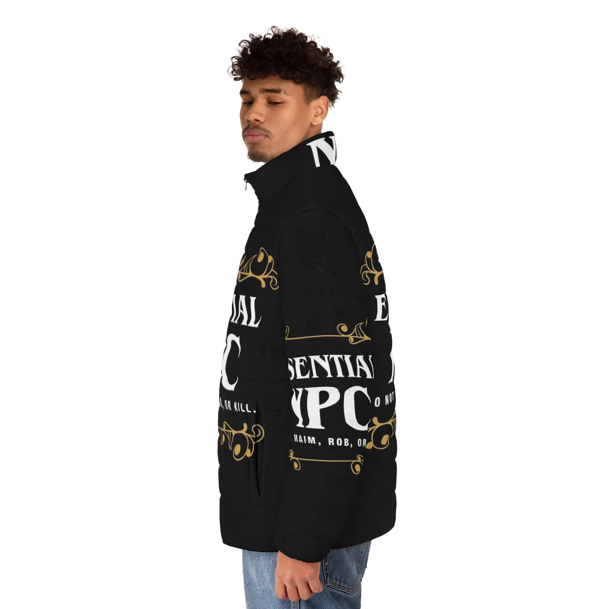 Essential NPC Non-Playable Character Gaming Puffer Jacket for tabletop RPG and video game fans - men side left