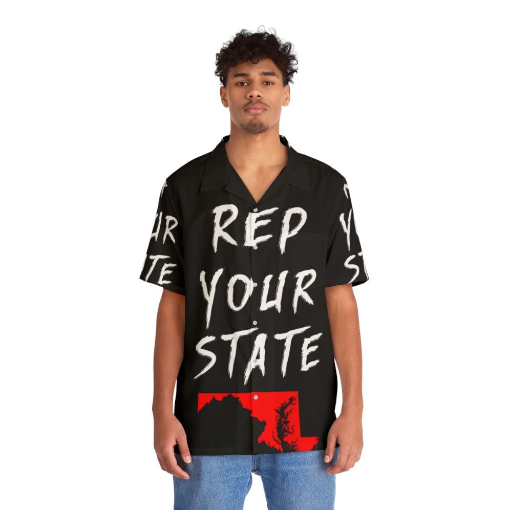 Maryland Hawaiian Shirt with State Flag Design - People Front