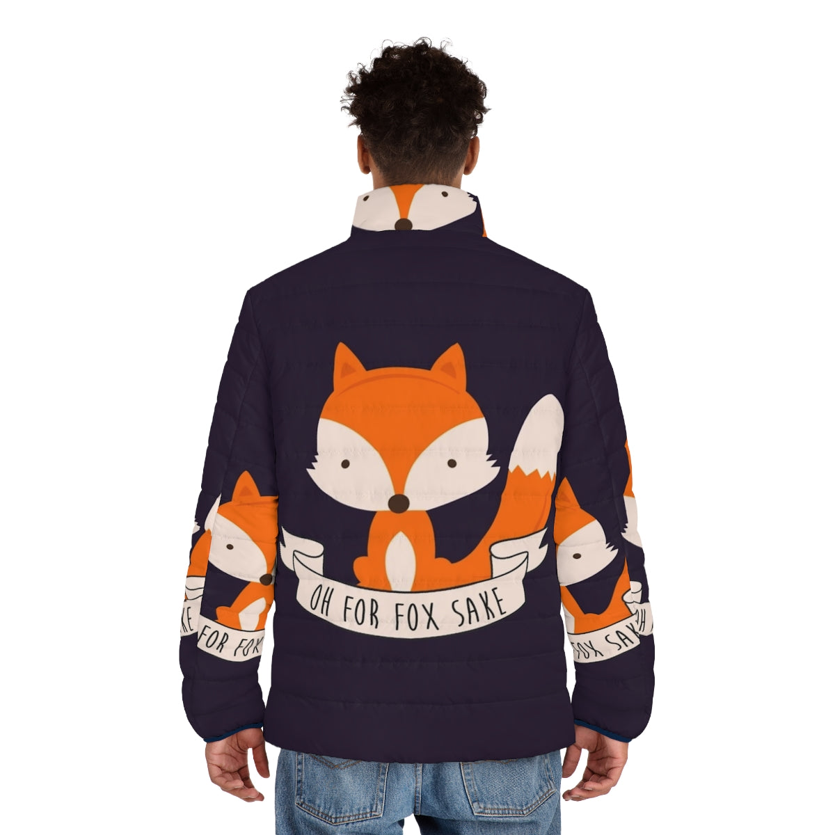 Colorful "Oh For Fox Sake" puffer jacket with cute fox design - men back