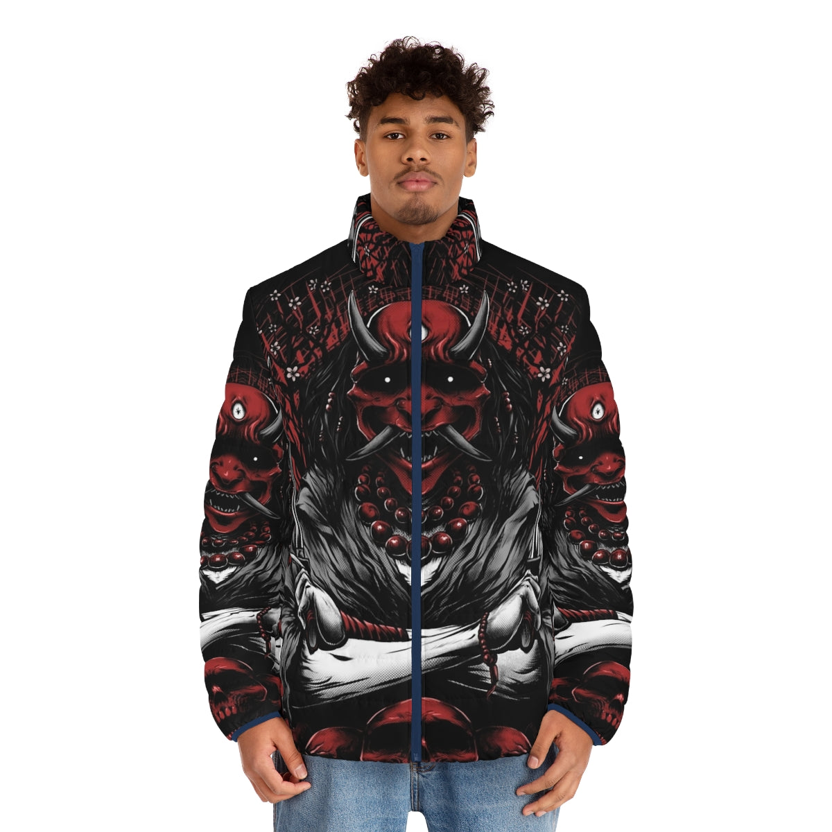 Oni Puffer Jacket featuring Japanese folklore demon and sakura flowers - men front