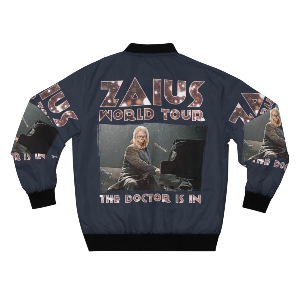 Dr. Zaius from Planet of the Apes wearing a bomber jacket with a music and piano design - Back