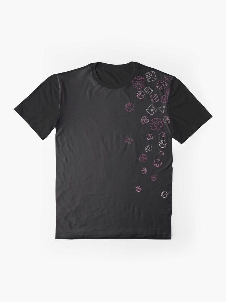 Graphic T-Shirt with Cascading Pink Dice Design for Gamers - Flat lay