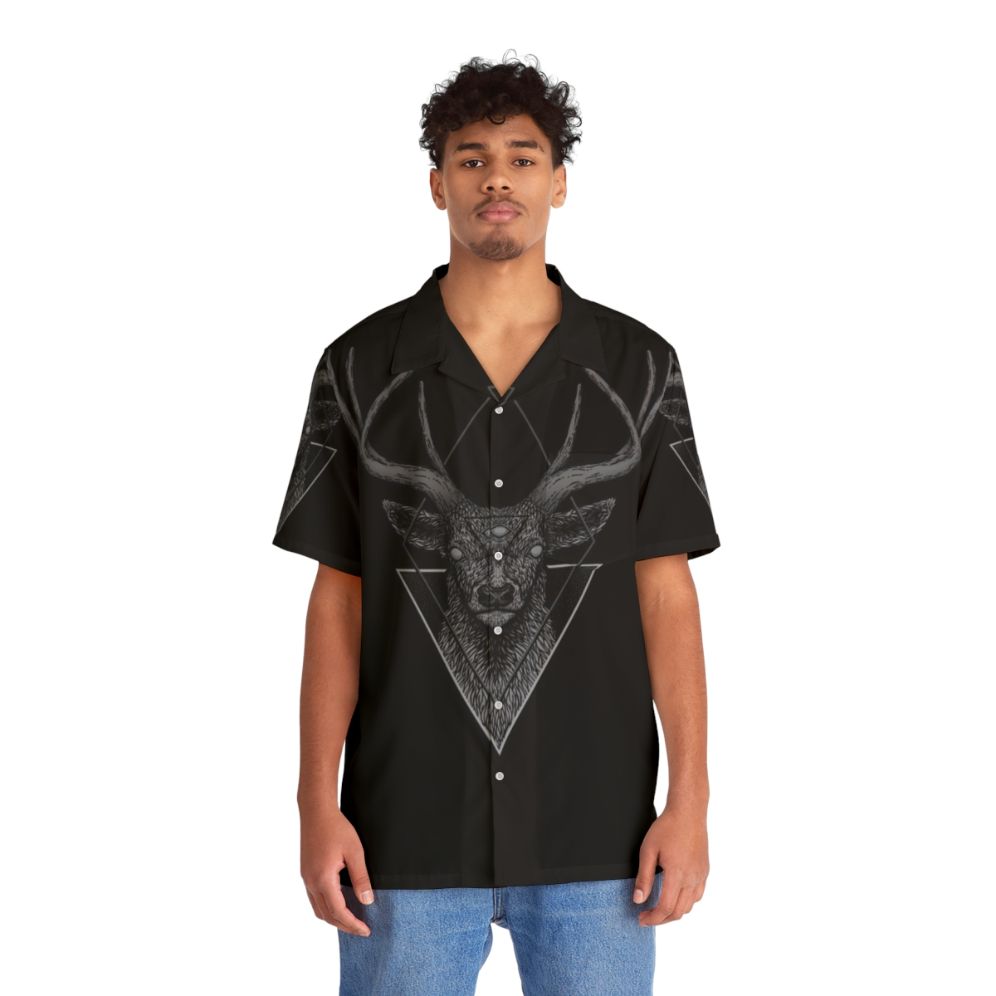 Dark deer with geometric patterns on a Hawaiian-style shirt - People Front