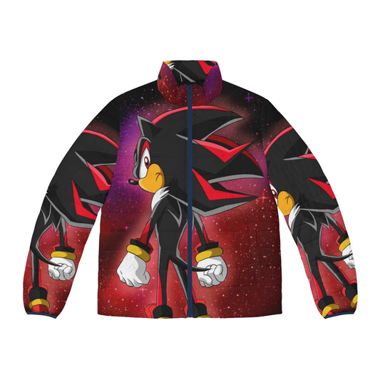 Shadow the Hedgehog inspired puffer jacket with neon details and gold accents