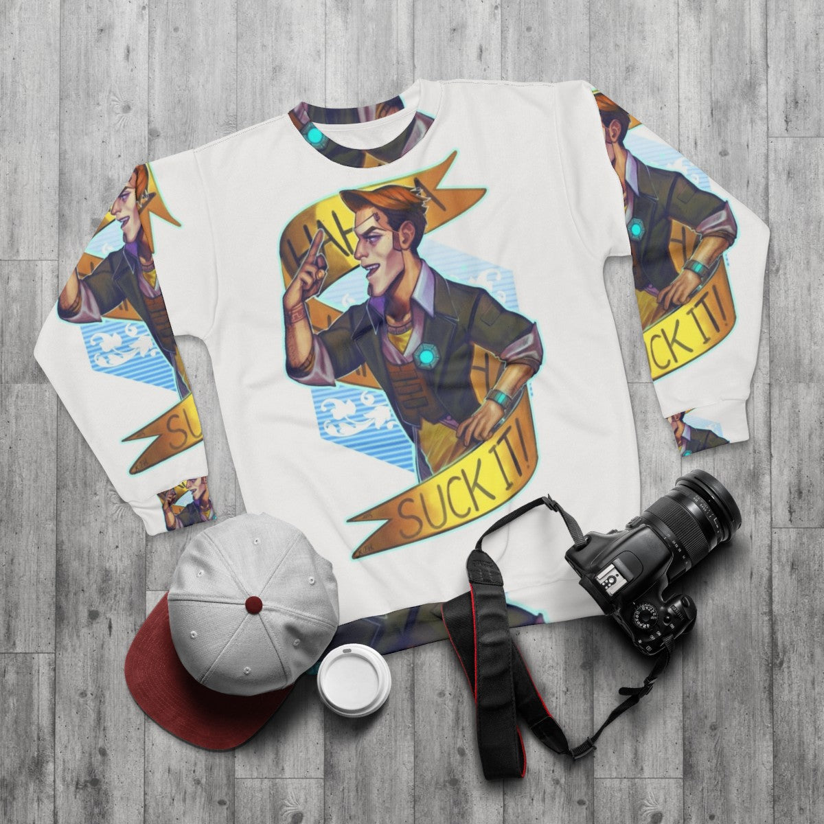 Suck It Borderlands Handsome Jack Gaming Sweatshirt - flat lay