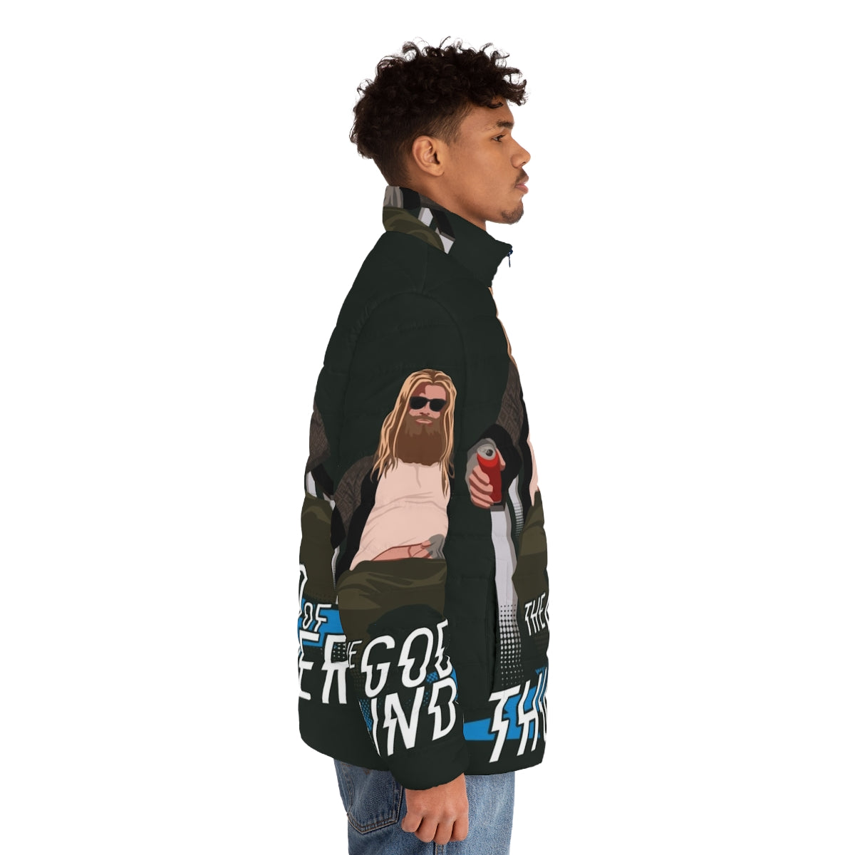 The God of Thunder Puffer Jacket featuring a Thor-inspired design with lightning bolts and Avengers elements - men side right