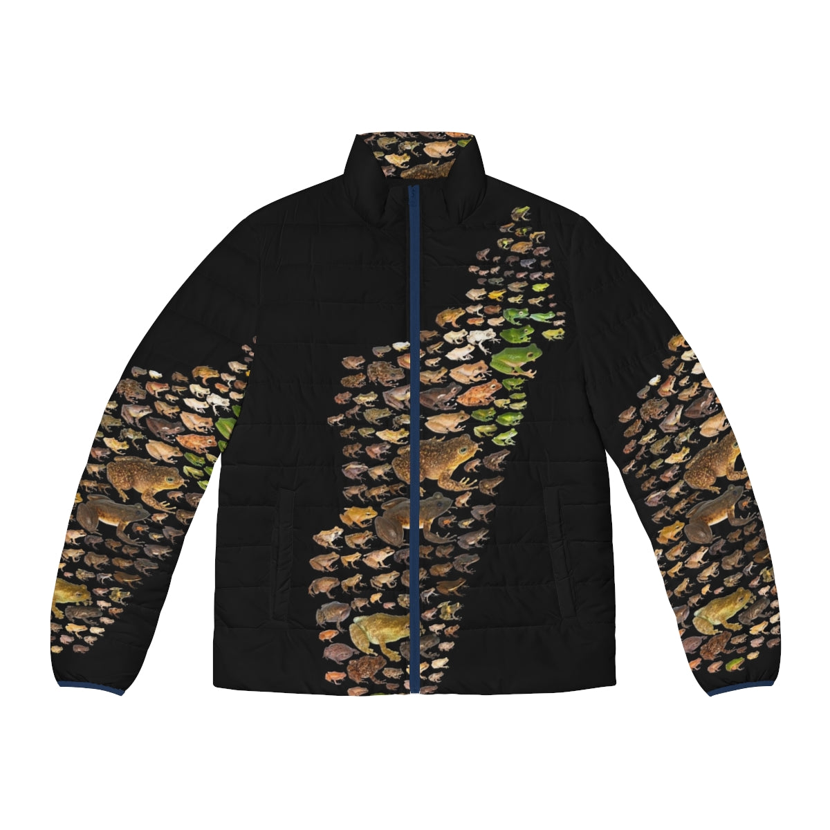 Madagascar Mantella Frogs Puffer Jacket featuring vibrant frog-inspired patterns