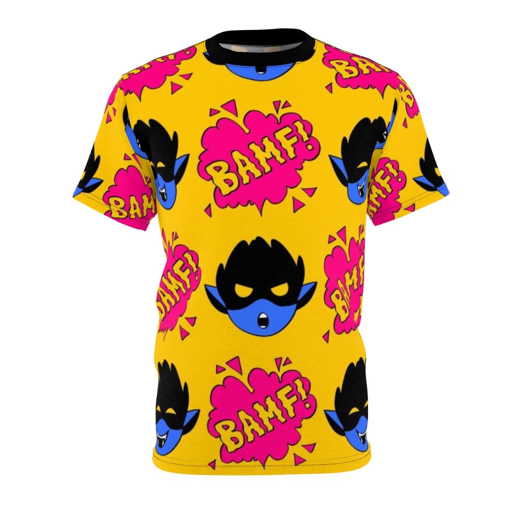 T-shirt featuring a pattern of Nightcrawler's iconic "bamf" teleportation effect