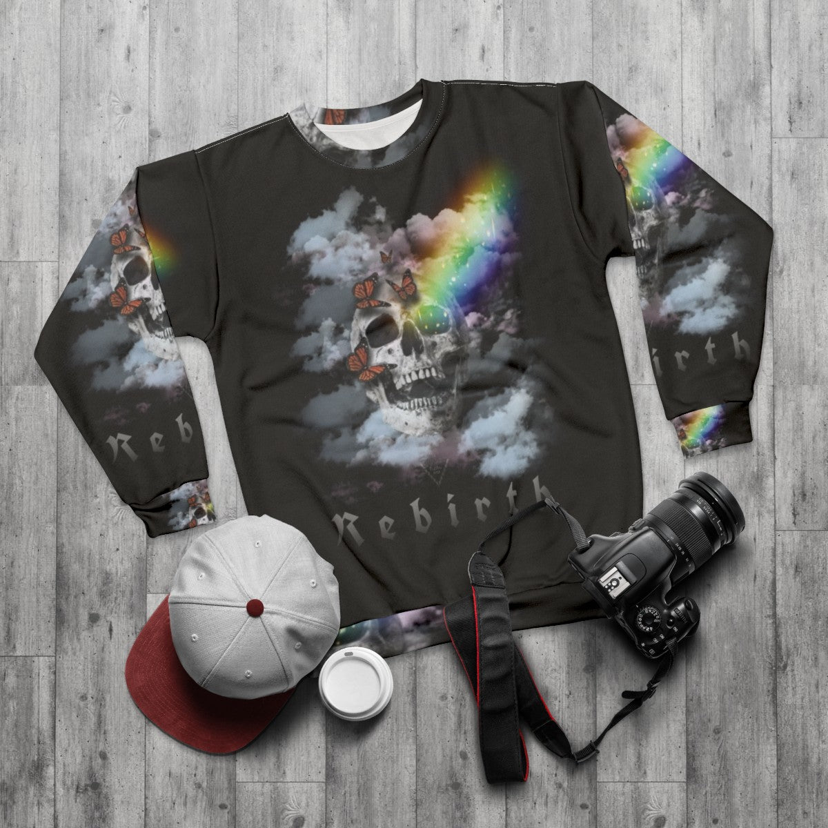 Rebirth Sweatshirt with syber digital art, fantasy, and occult design - flat lay