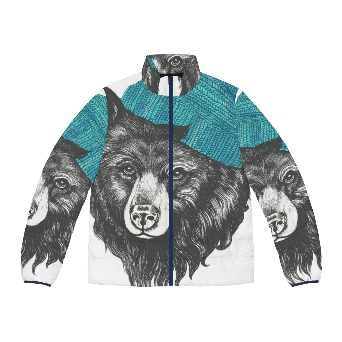 Blue puffer jacket with Zissou the bear design, perfect for cold weather